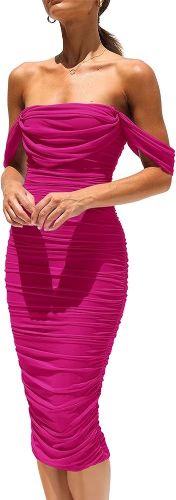 PRETTYGARDEN Women's Summer Off The Shoulder Ruched Bodycon Dresses Sleeveless Fitted Party Club Mid | Amazon (US)