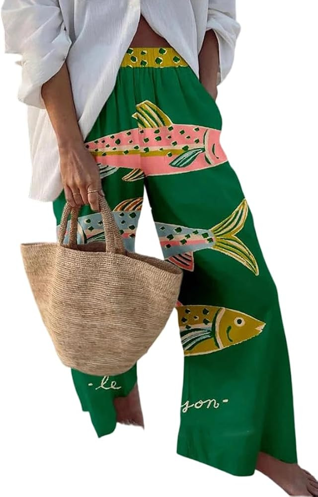 Women's Sardine Graphic Palazzo Pants Elastic Wide Leg High Waisted Beach Vacation Long Trousers ... | Amazon (US)