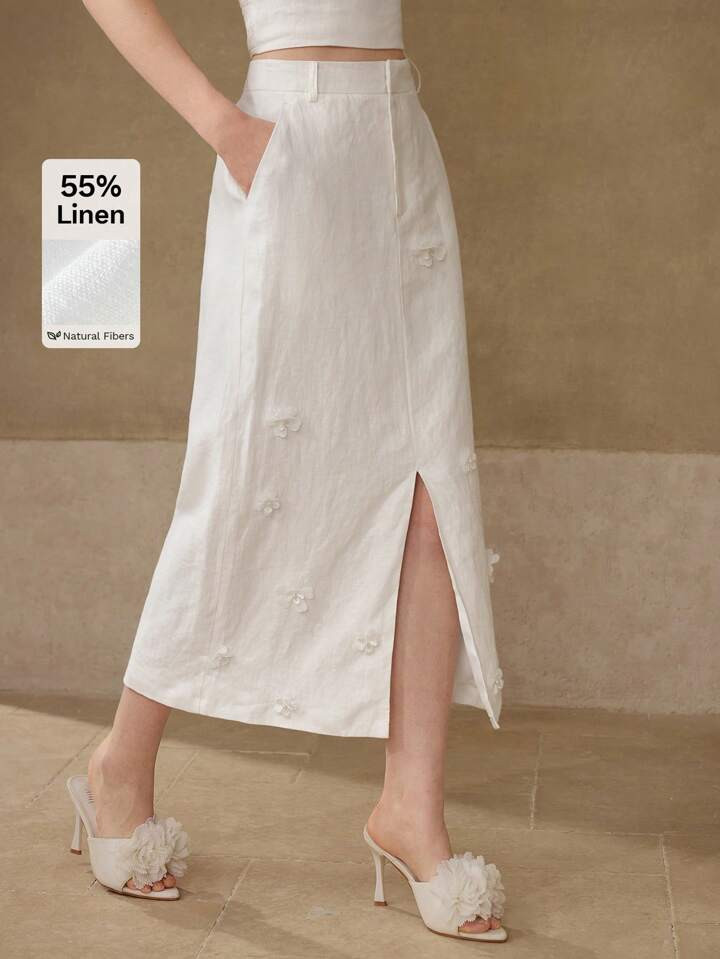 MOTE PREMIUM 100% LINEN APPLIQUES THIGH SLIT SKIRT, SUMMER WHITE SKIR | SHEIN
