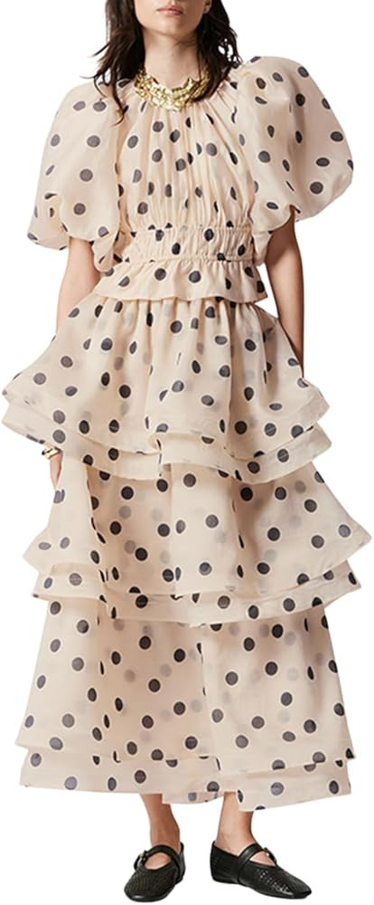 2PC Luxury Polka Dot Ruffle Puff Sleeve Midi Dress for Women Elegant Wedding Guest Polka Dot Skir... | Amazon (US)