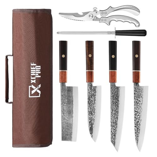 XCHIEF PRO Japan Knife Set, High Carbon Steel Japan Nakiri Santoku Knife Set, Hand Forged Meat Cleaver Butcher Knife with Accessories for Kitchen, Camping BBQ Knives Set with Bag | Amazon (US)