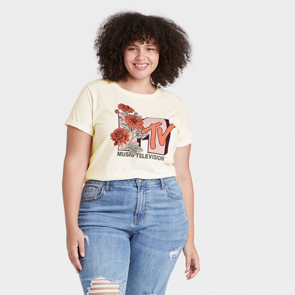 Women's MTV Floral Print Plus Size Short Sleeve Graphic T-Shirt - Ivory 2X | Target