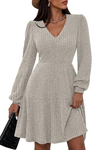 PRETTYGARDEN Womens Sweater Dress 2025 Fall Long Sleeve V Neck A Line Fit and Flare Ribbed Short Dresses Knit Outfits Pockets (Light Grey,Small) | Amazon (US)