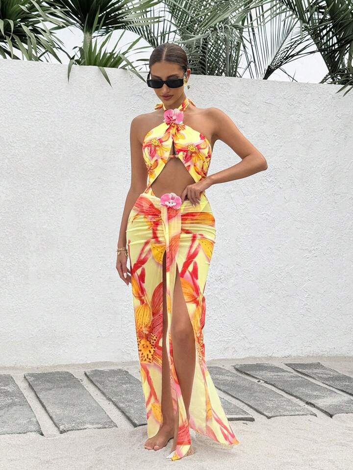 Swim Vcay 2pcs/Set Spring Full Print Random Floral 3D Pattern Backless High Slit Skirt Women Beac... | SHEIN