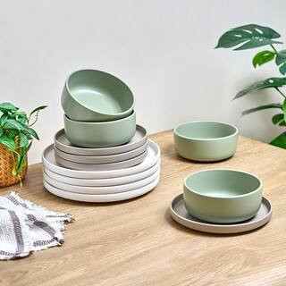 Rollo Alta 12-Piece Modern Stoneware Dinnerware Set-Sage/Sand/White, Includes Dinner and Salad Plates, Cereal Bowls | The Home Depot