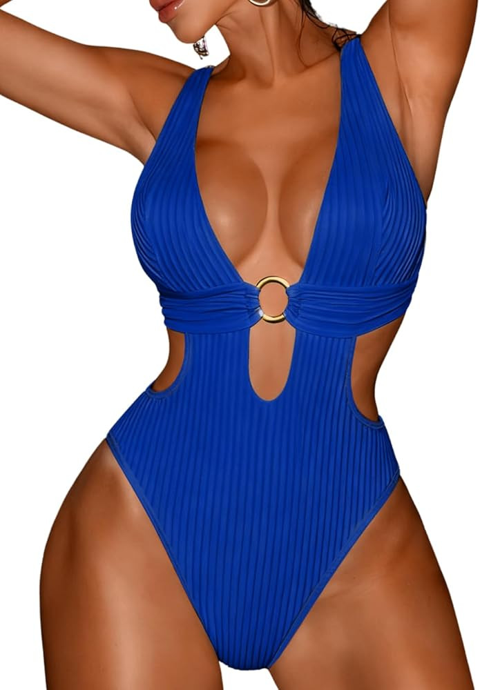 EHSUYAB Sexy Women Plunge V One Piece Swimsuit,Cut Out Textured Cheeky High Cut Bathing Suit, Poo... | Amazon (US)