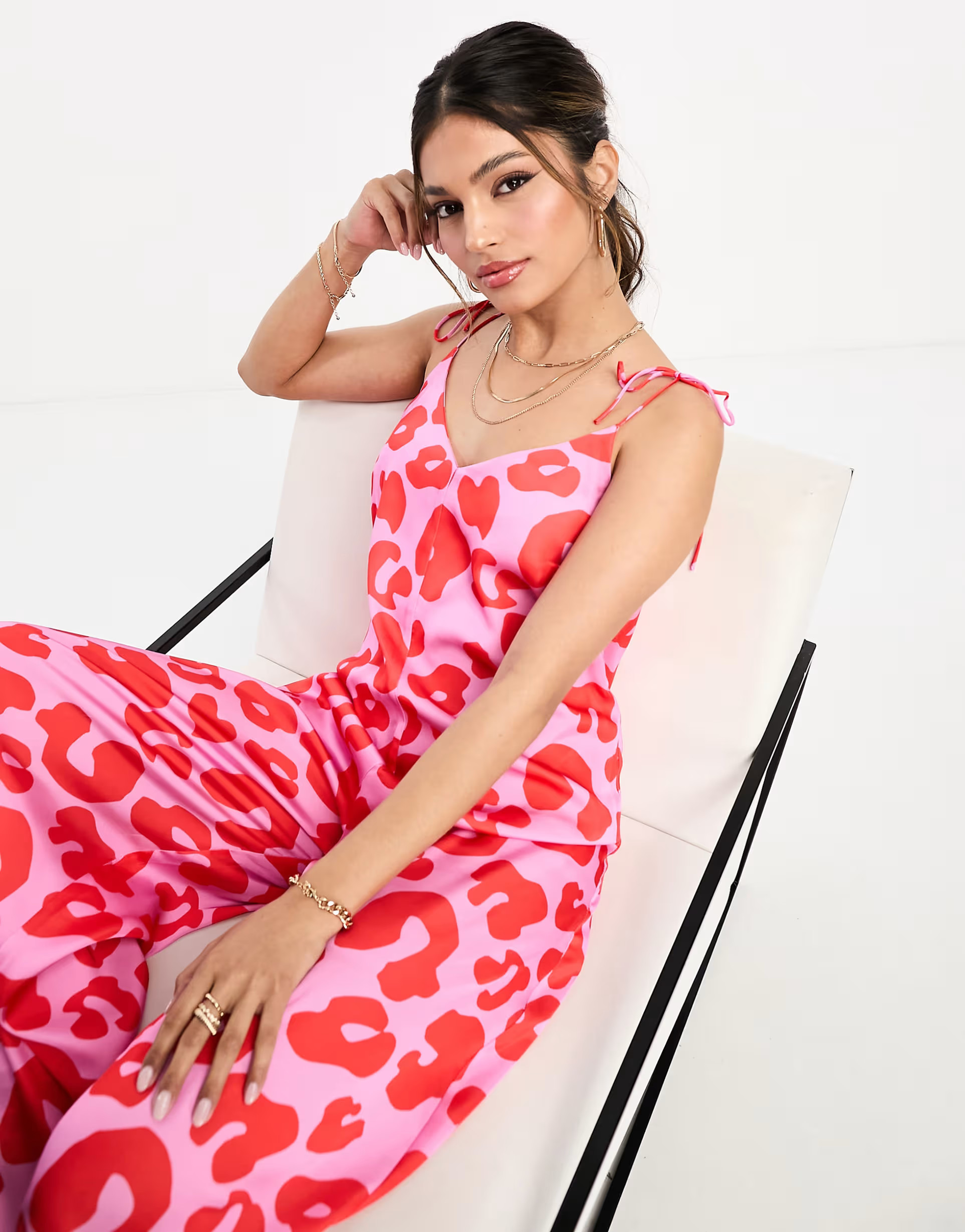 Never Fully Dressed wide leg jumpsuit in pink and red leopard | ASOS (Global)
