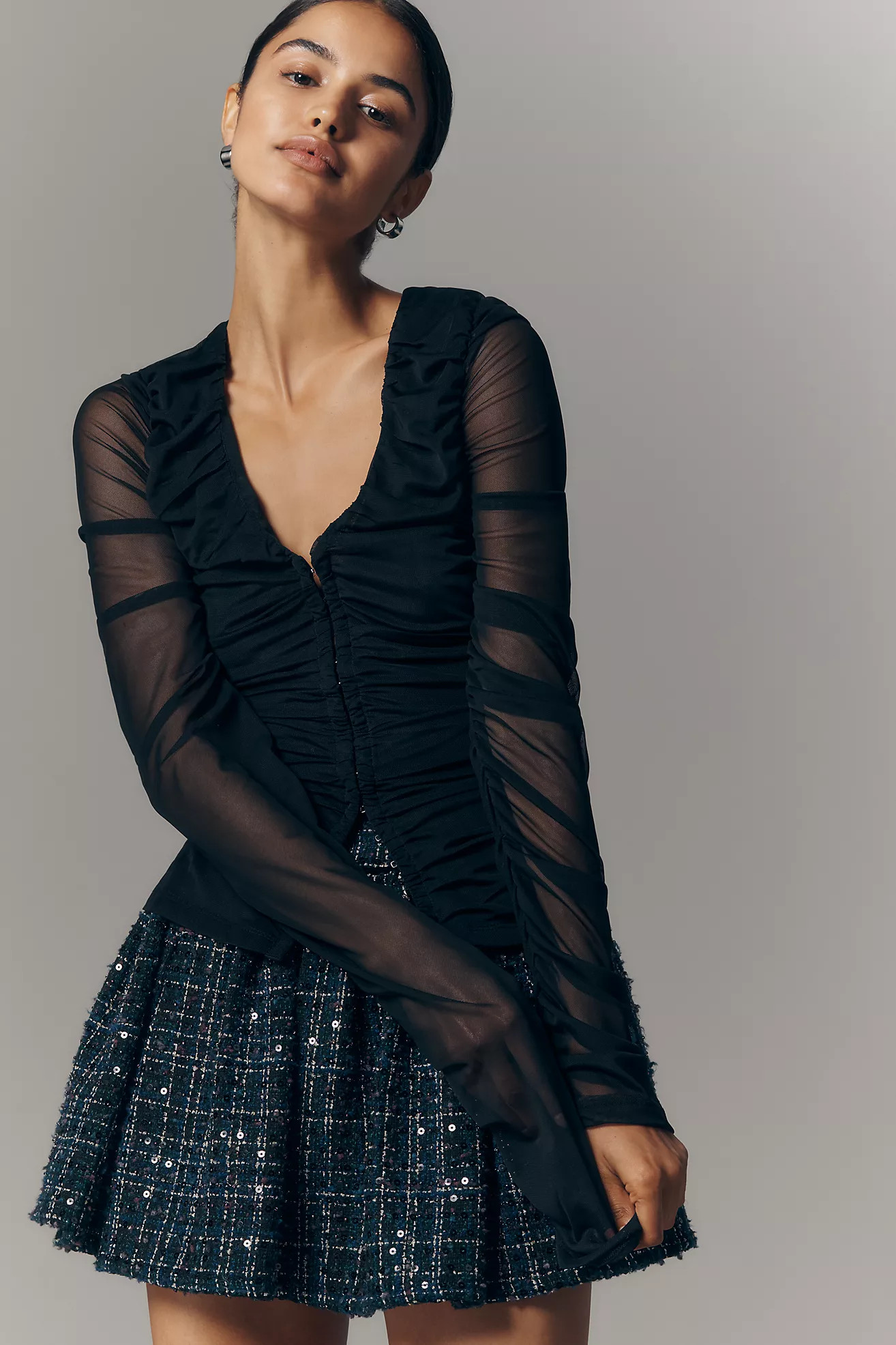 Maeve Ruched Long-Sleeve V-Neck Top | Anthropologie (US)