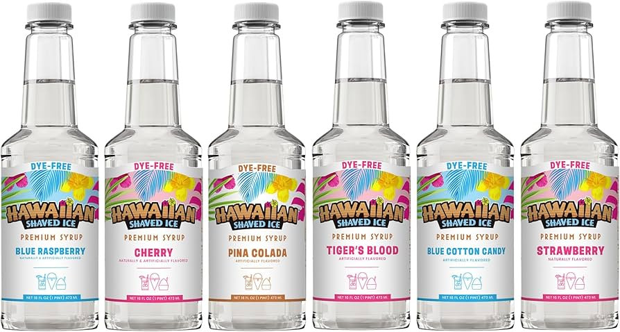 Hawaiian Shaved Ice Syrup Assortment, 6 Pack Dye-Free Flavors: Pina Colada, Cherry, Blue Raspberr... | Amazon (US)