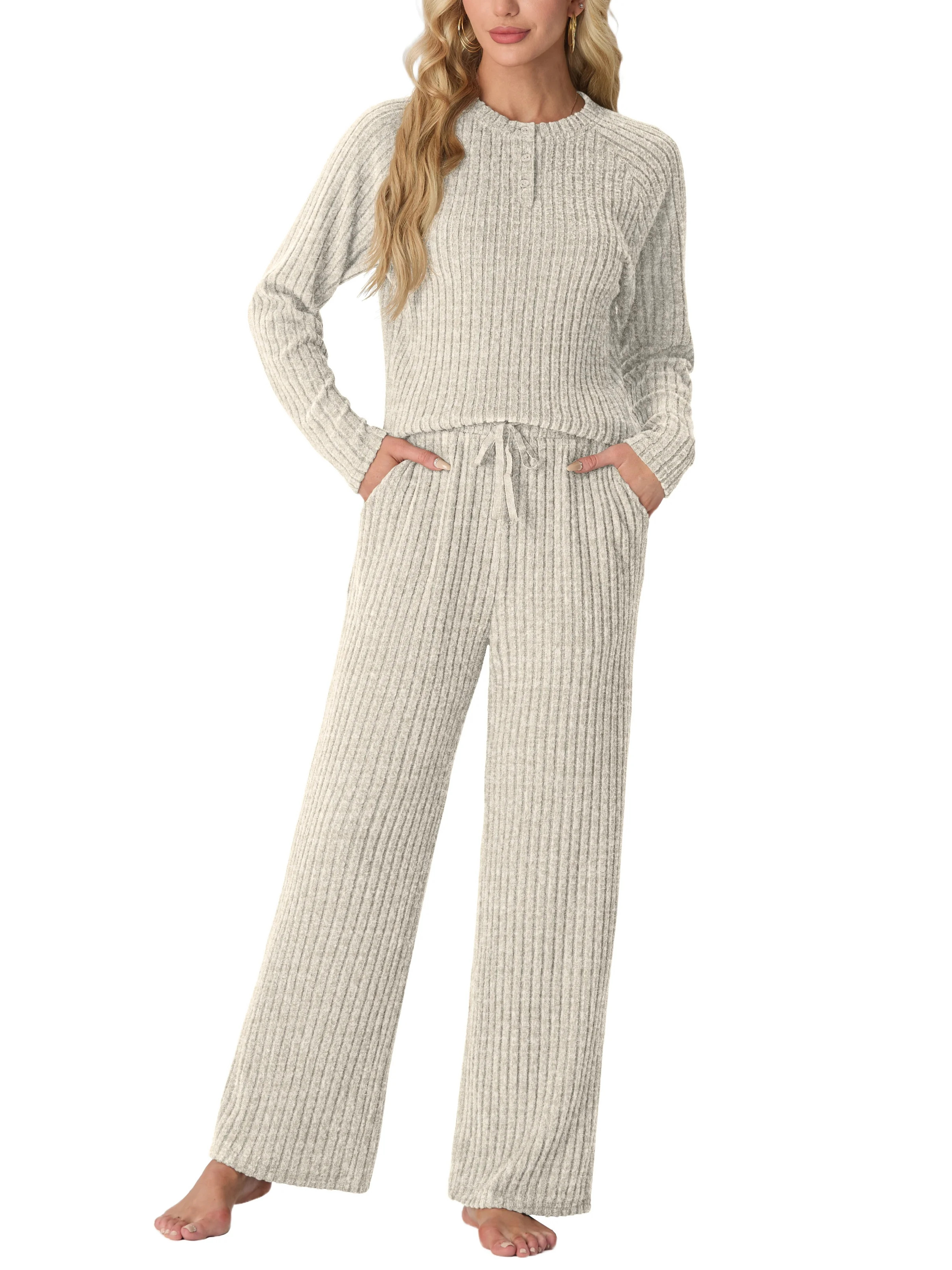 MINTREUS Women's Pajama Set Long Sleeve Lounge Set Ribbed knit Sleepwear Two Piece Pjs Set with P... | Walmart (US)