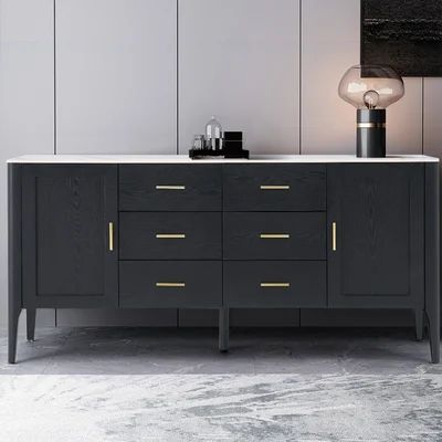 Modern Black Sideboard Buffet Sintered Stone Top Drawers&2 Doors Kitchen Cabinet-Homary | Homary
