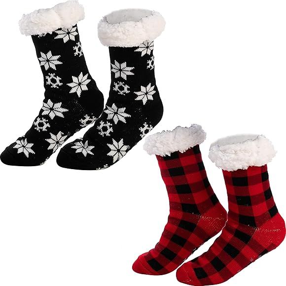 2 Pack Women's Fleece Lining Fuzzy Soft Slipper Socks Soft Premium Fleece Crew Socks Red | Amazon (US)