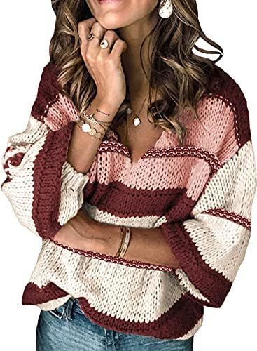 HOTAPEI Womens Long Sleeve Deep V Neck Hand Knit Striped Sweater Tops Loose Pullover Sweaters | Amazon (US)