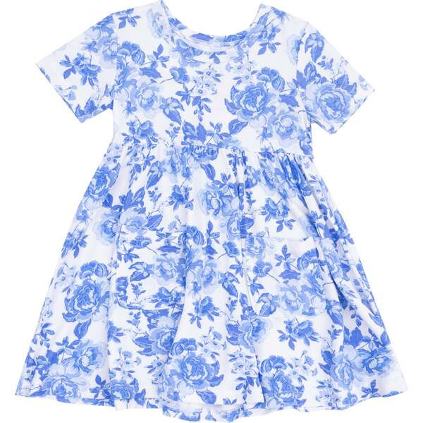 Short Sleeve Twirly Dress, Roses In Blue | Maisonette