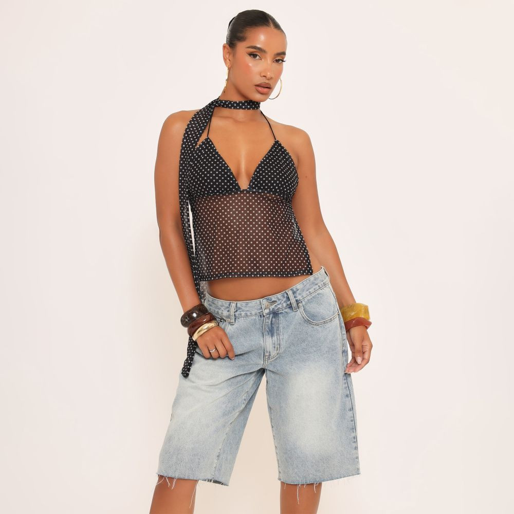 Plunge Front Scarf Neck Detail Top In Black Polka Dot Mesh | EGO (UK)
