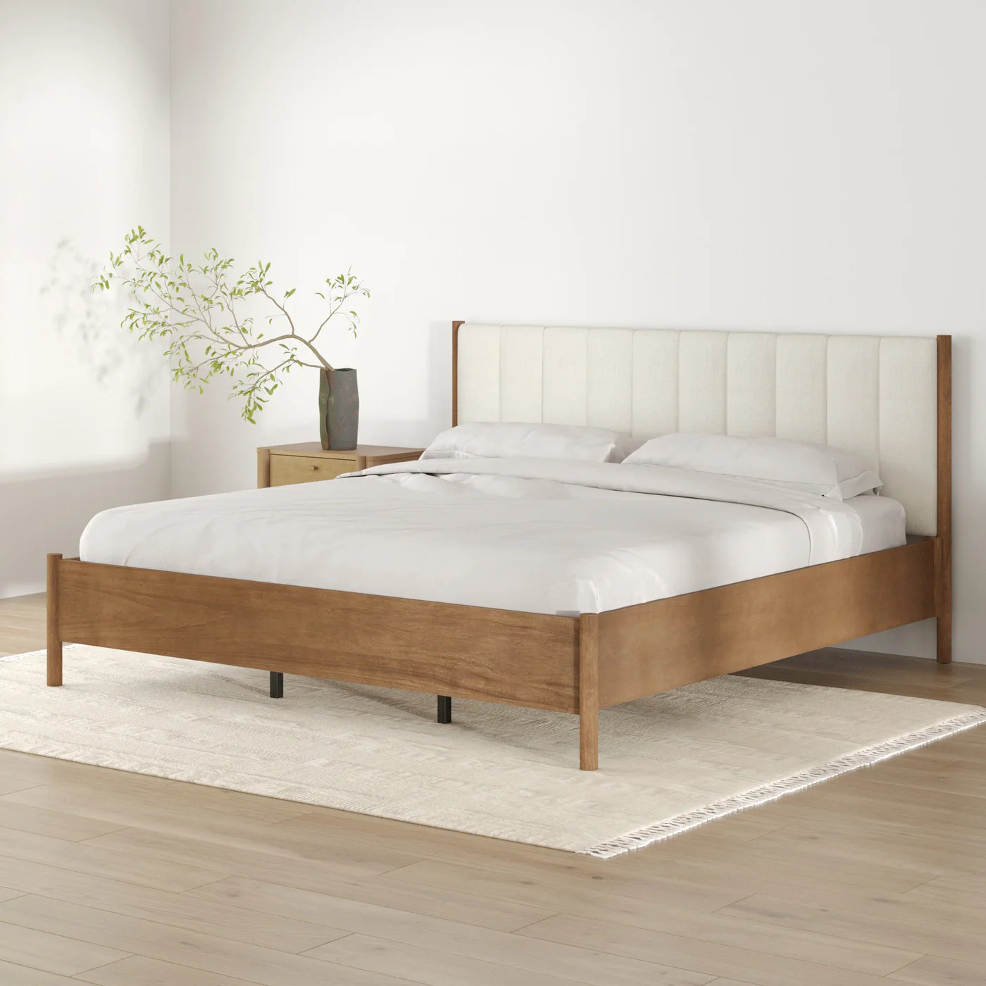 Mid-Century King Upholstered Bed Frame with Boucle Headboard Light Brown | Nathan James
