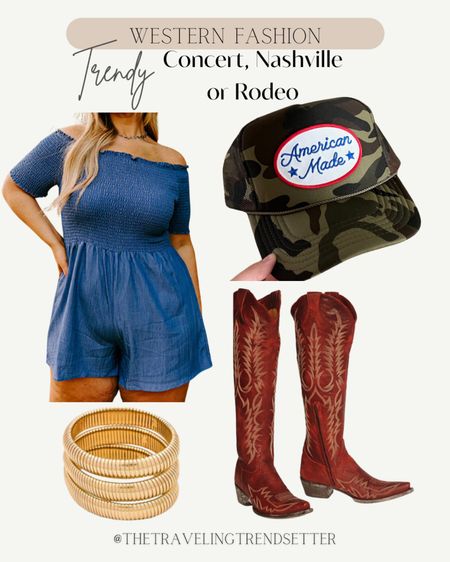 Trinity concert outfit, plus size, trucker hat, red cowgirl, boots, gold jewelry, romper, denim romper, Spray, Summer, Nashville, music, festival, spring outfit


#LTKstyletip #LTKmidsize #LTKplussize