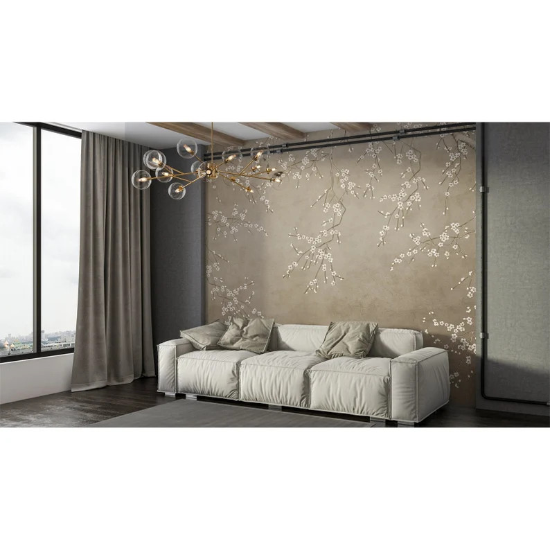 Beige Scenic Chinoiserie Peel and Stick Wallpaper Chinese, Cherry Blossom, Birds, Bathroom, Boho ... | Etsy (US)