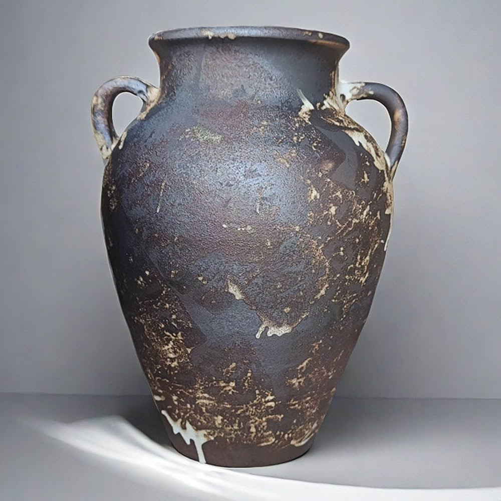 Pottery Vase - Vintage Rustic Vase, 10" Farmhouse Weathered Terracotta Vase, Handmade Black Clay ... | Amazon (US)