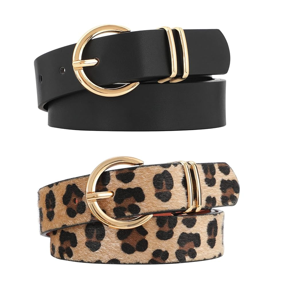 VONMELLI 2 Pack Women's Leather Belts for Jeans Dresses Fashion Gold Buckle Ladies Belt | Amazon (US)