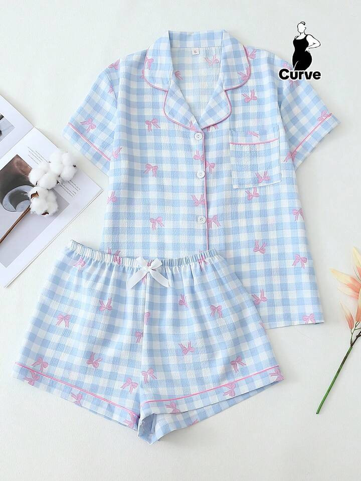 2pcs/Set Plus Size Women's Blue & White Plaid Bow Print Short Sleeve Collared Top With Pocket And... | SHEIN