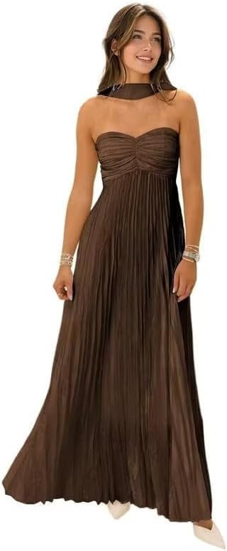 Womens Chiffon Bridesmaid Dresses with Scarf Long Strapless Prom Dresses 2025 Pleated Wedding Gue... | Amazon (US)