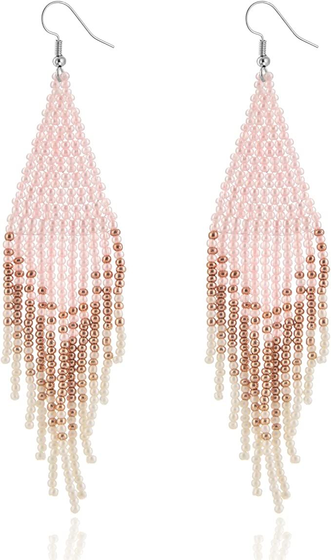 Native Beaded Tassel Earrings Boho - Handmade Seed Bead Statement Fringe Drop Earrings for Women ... | Amazon (US)