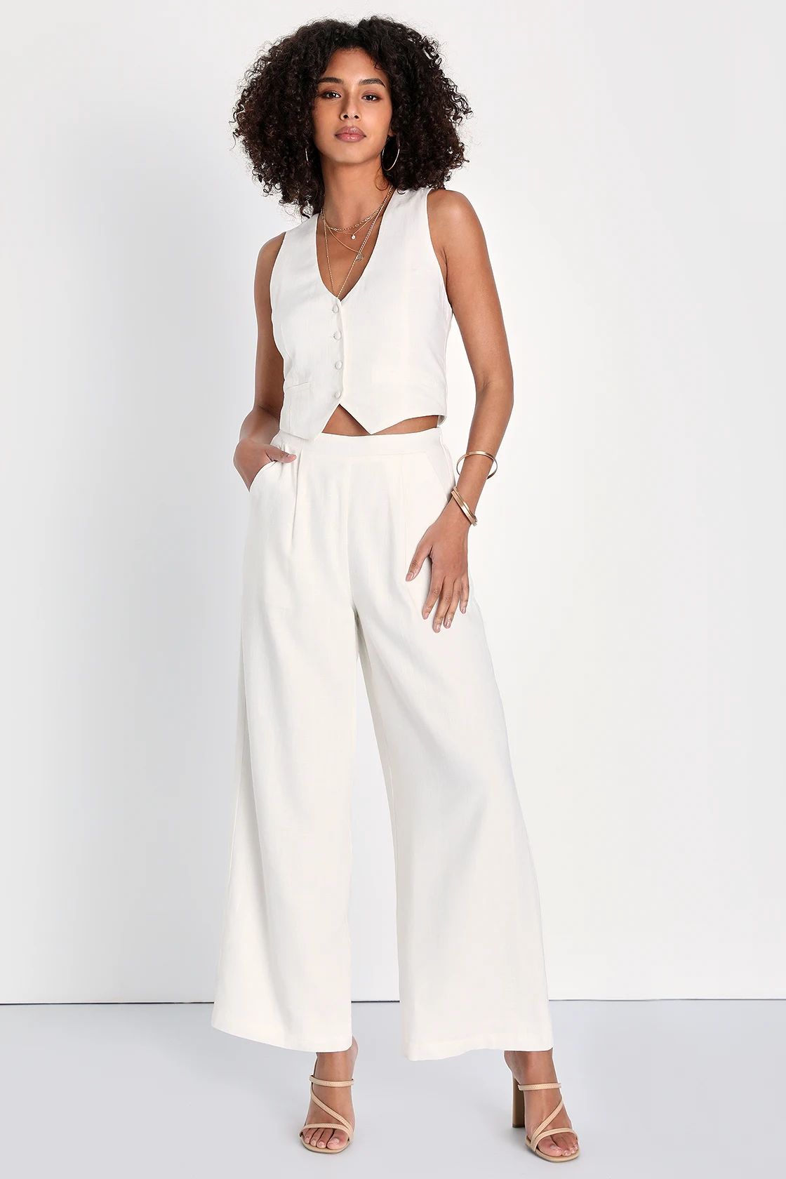 Sophisticated Beauty Ivory Linen Button-Front Cropped Vest Top | Lulus