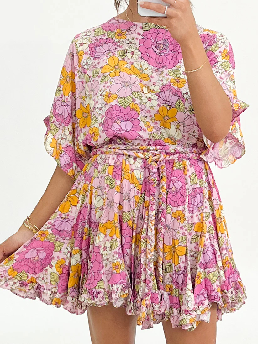 Braided Belt Swing Dress | Pink Orange Floral | Talulah