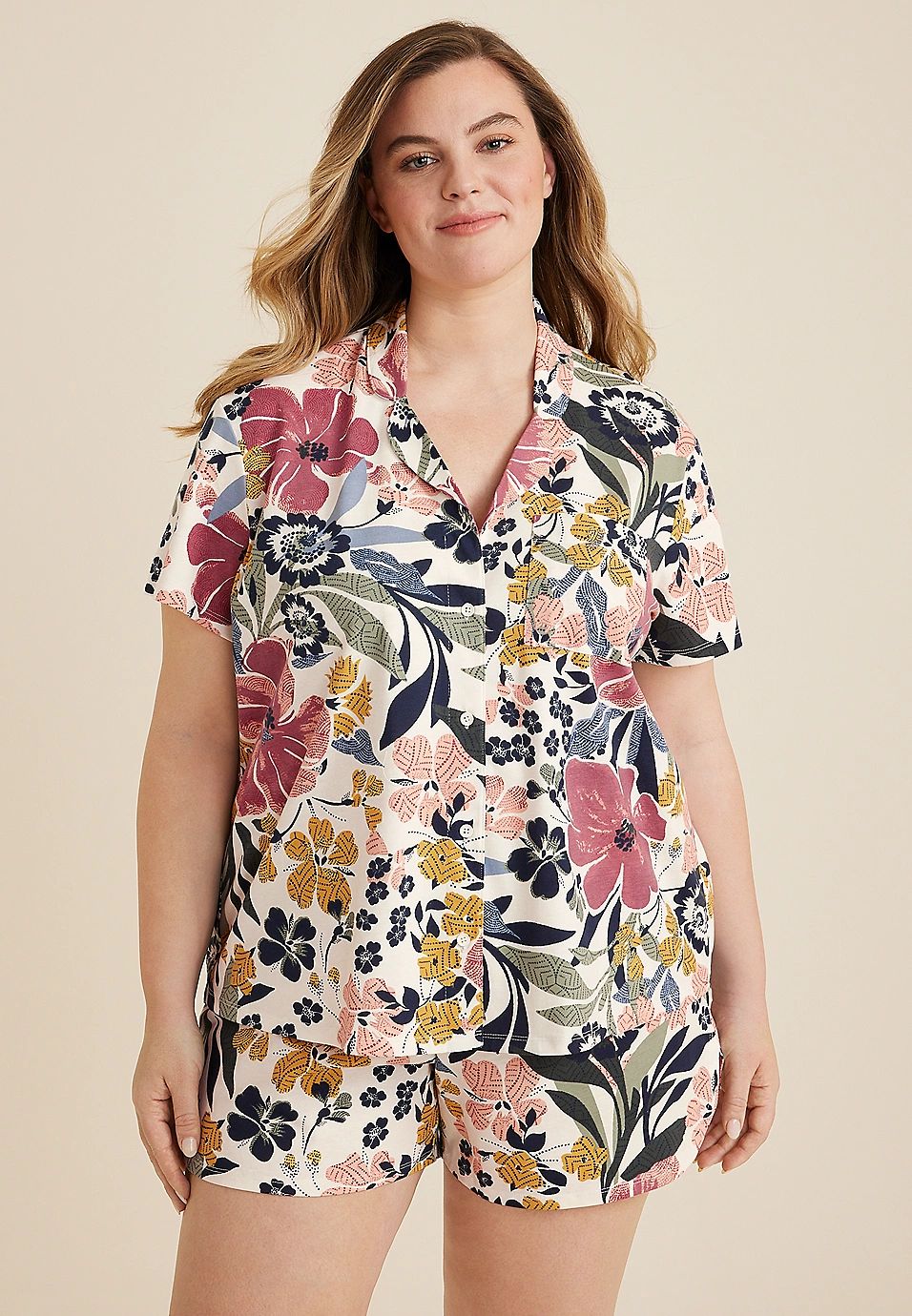 Plus Size Button Down Top And Short Pajama Set | Maurices