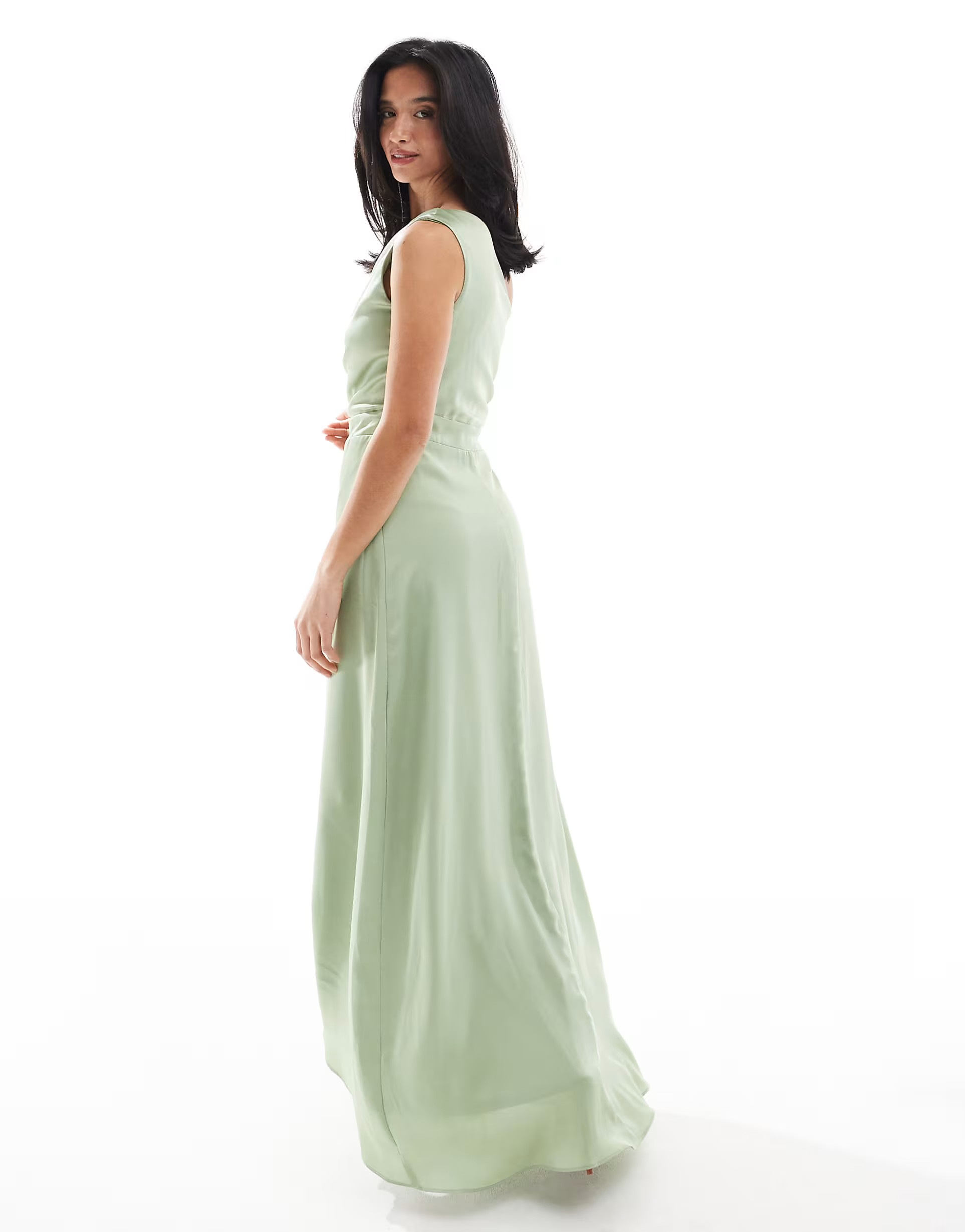 TFNC Petite Bridesmaid one shoulder satin maxi dress with wrap skirt in sage green | ASOS (Global)