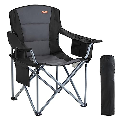 VEVOR Camping Folding Chair, Portable Heavy Duty Outdoor Quad Lumbar Back Padded with Side Pockets, Cup Holder and Cooler Bag for Beach, Lawn, Picnic, Fishing, Backpacking, Black | Amazon (US)