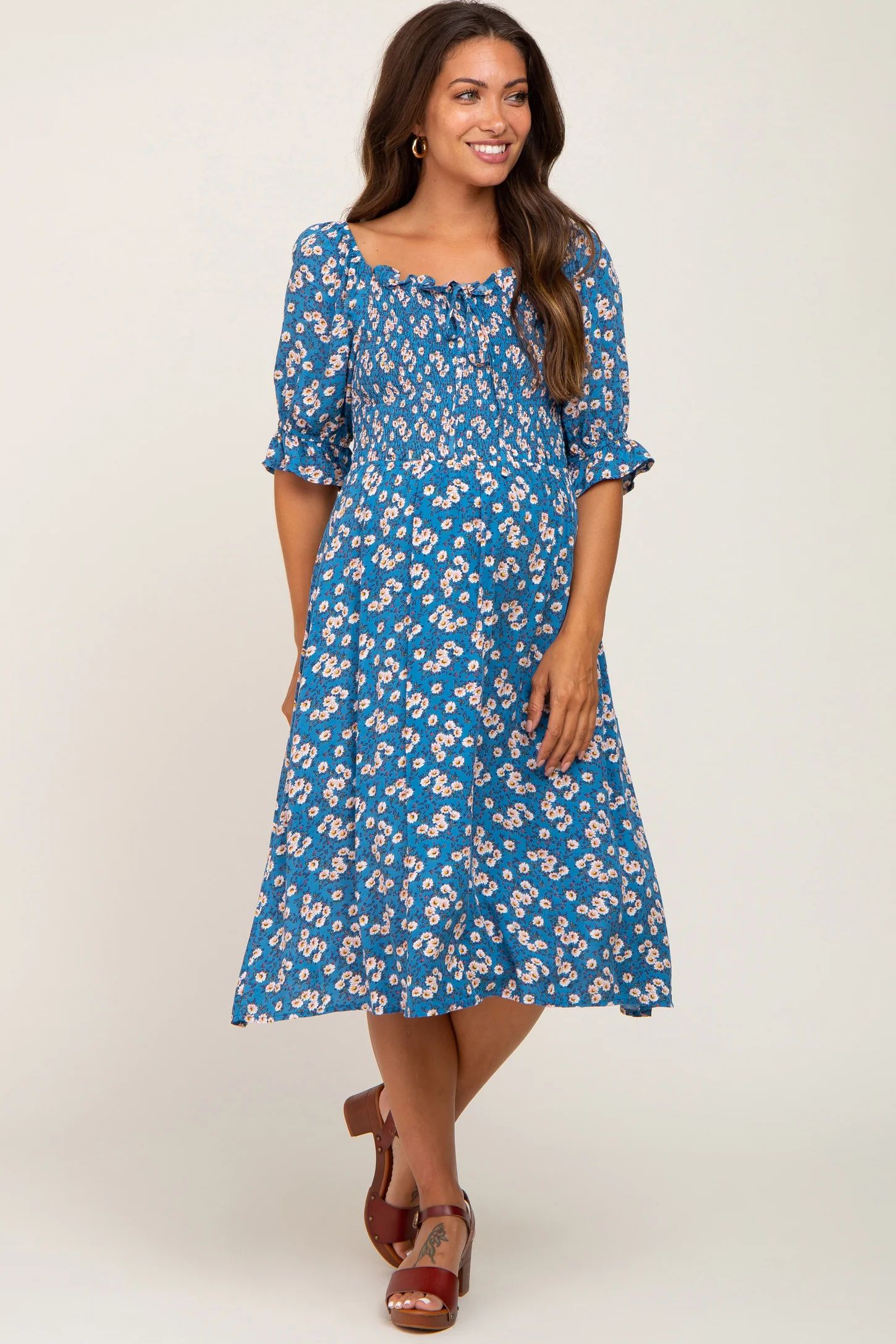 Blue Floral Smocked Front Tie Maternity Midi Dress | PinkBlush Maternity