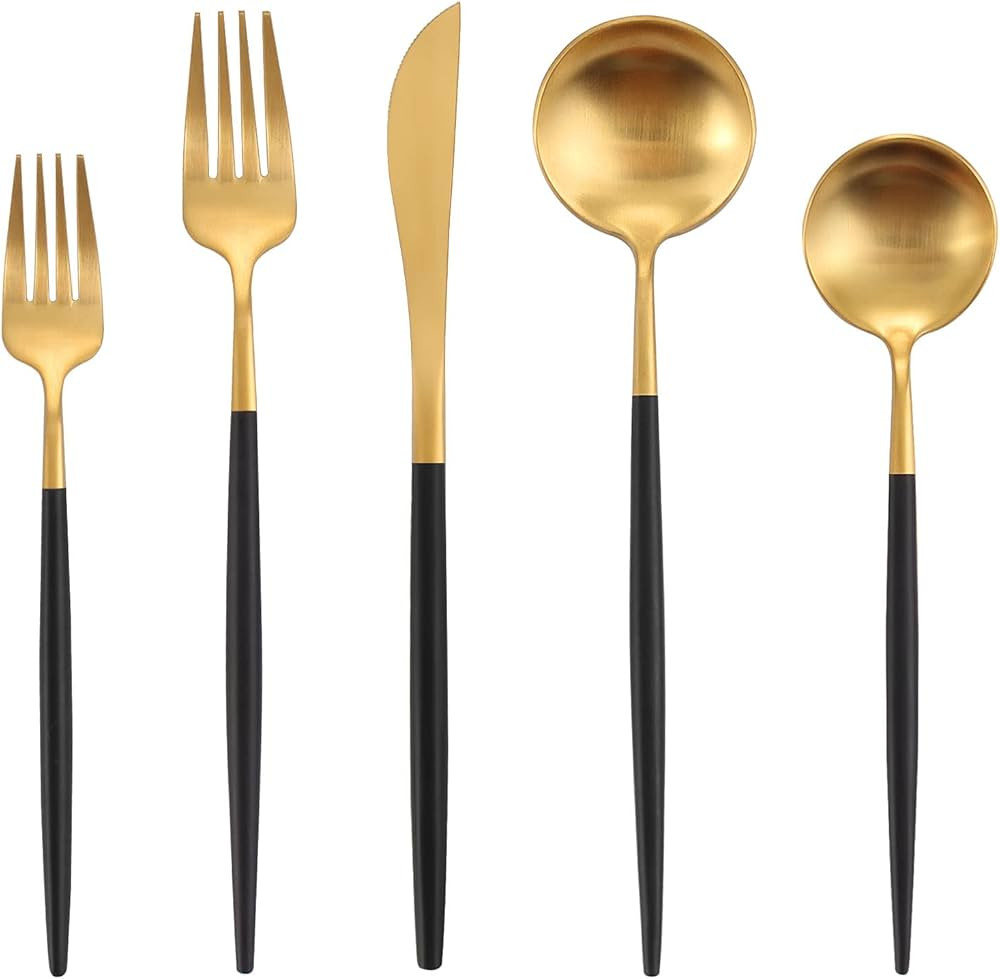 Matte Black Gold Silverware Set, Oliviola 20-Piece Stainless Steel Flatware Cutlery Set Service f... | Amazon (US)