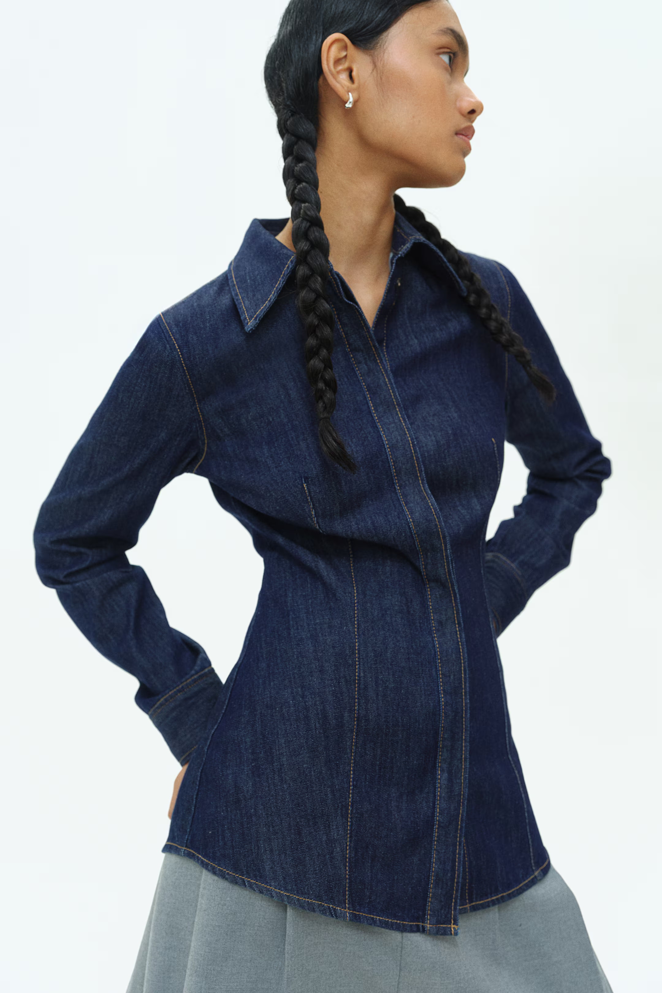 Tapered-waist denim shirt - Dark denim blue - Ladies | H&M GB | H&M (UK, MY, IN, SG, PH, TW, HK)