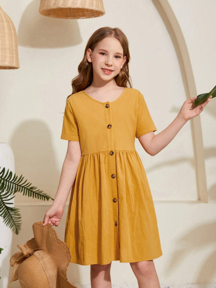 Girl's Woven Solid Color Loose Fit Casual Front Buttoned Dress With Round Neckline | SHEIN