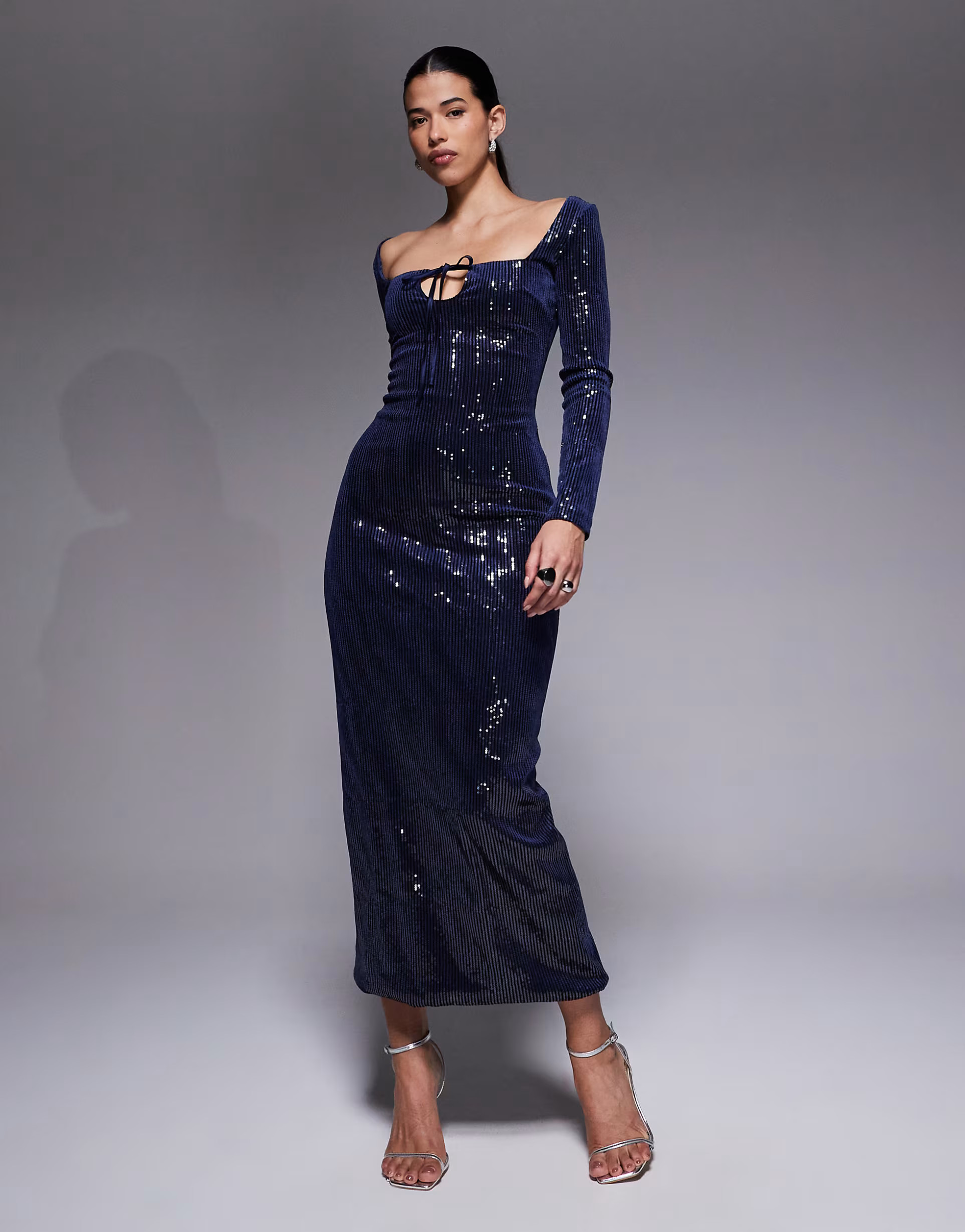 The Frolic exclusive sequin square neck tie front maxi dress in navy | ASOS (Global)