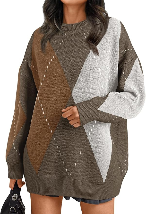 Trendy Queen Women's Color Block Argyle Plaid Oversized Chunky Knit Crewneck Sweaters 2024 | Amazon (US)
