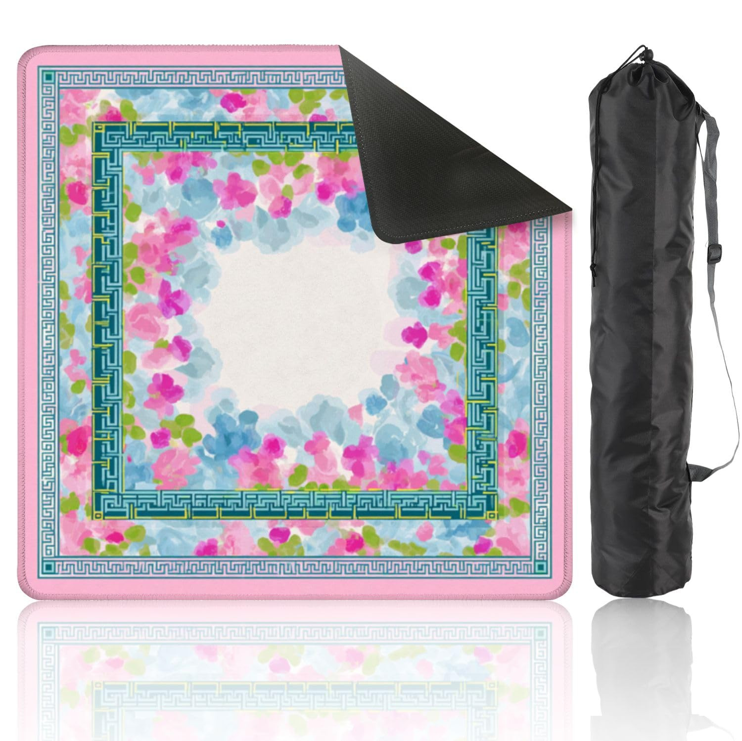 Mahjong Mat 31.5" x 31.5" Floral Watercolor Border Blue Pink Flowers Greek Key Non-Slip Noise Red... | Amazon (US)