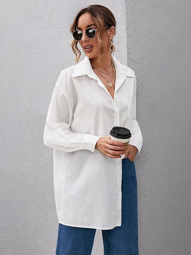 MakeMeChic Women's Oversized Button Down Shirts Collared Button Up Shirt Blouse Top | Amazon (US)