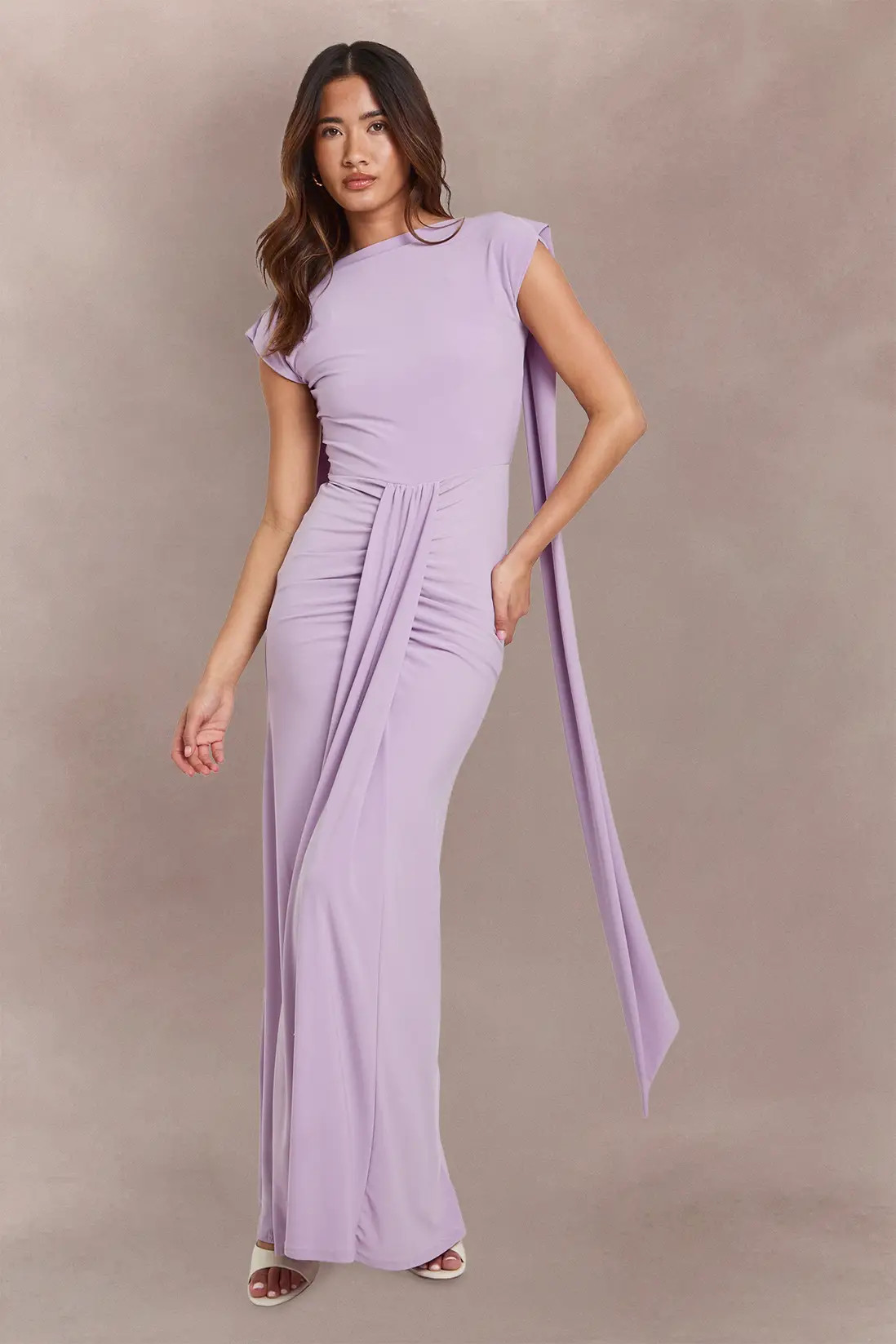 Lilac Double Layer Slinky Grown On Neck Drape Front Maxi Dress | Boohoo | Boohoo.com (UK & IE)