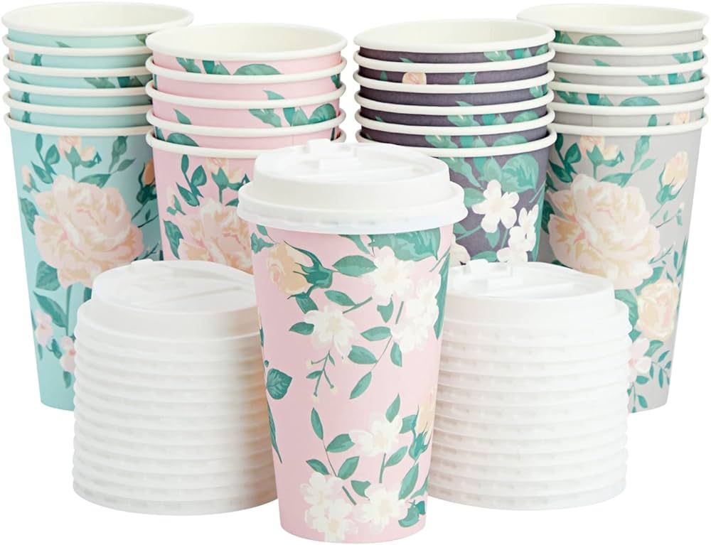 24 Pack Disposable Floral Paper Coffee Cups with Lids 16 oz, To Go Coffee Cups for Flower-Themed ... | Amazon (US)