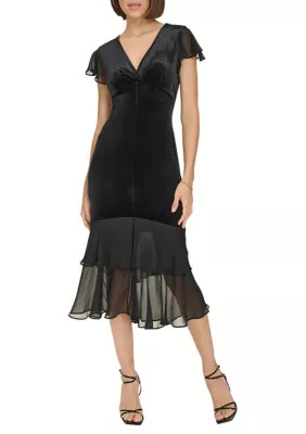 Tommy Hilfiger Women's Velvet Midi Dress with Chiffon Flutter Sleeves and Tiered Hem, Black, 2 | Belk