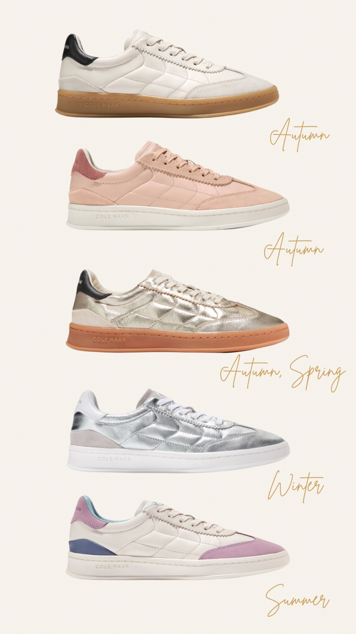 Cole Haan GrandPro Breakaway sneakers, court sneakers, scallop, feminine, ingenue, classic, suede, rosewood, ivory, gold, silver, gum sole

Color analysis, house of Colour, summer, soft autumn, winter, Soring, autumn, true autumn, true winter 

#LTKShoeCrush #LTKTravel #LTKSaleAlert