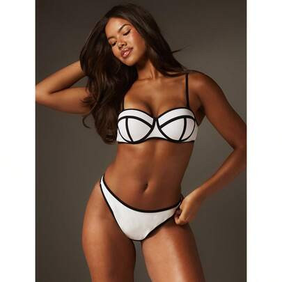 Women's Two Piece Contrast Piped Bikini Set With Sweetheart Underwire Top And Cheeky Bottom Summer Beachwear | SHEIN