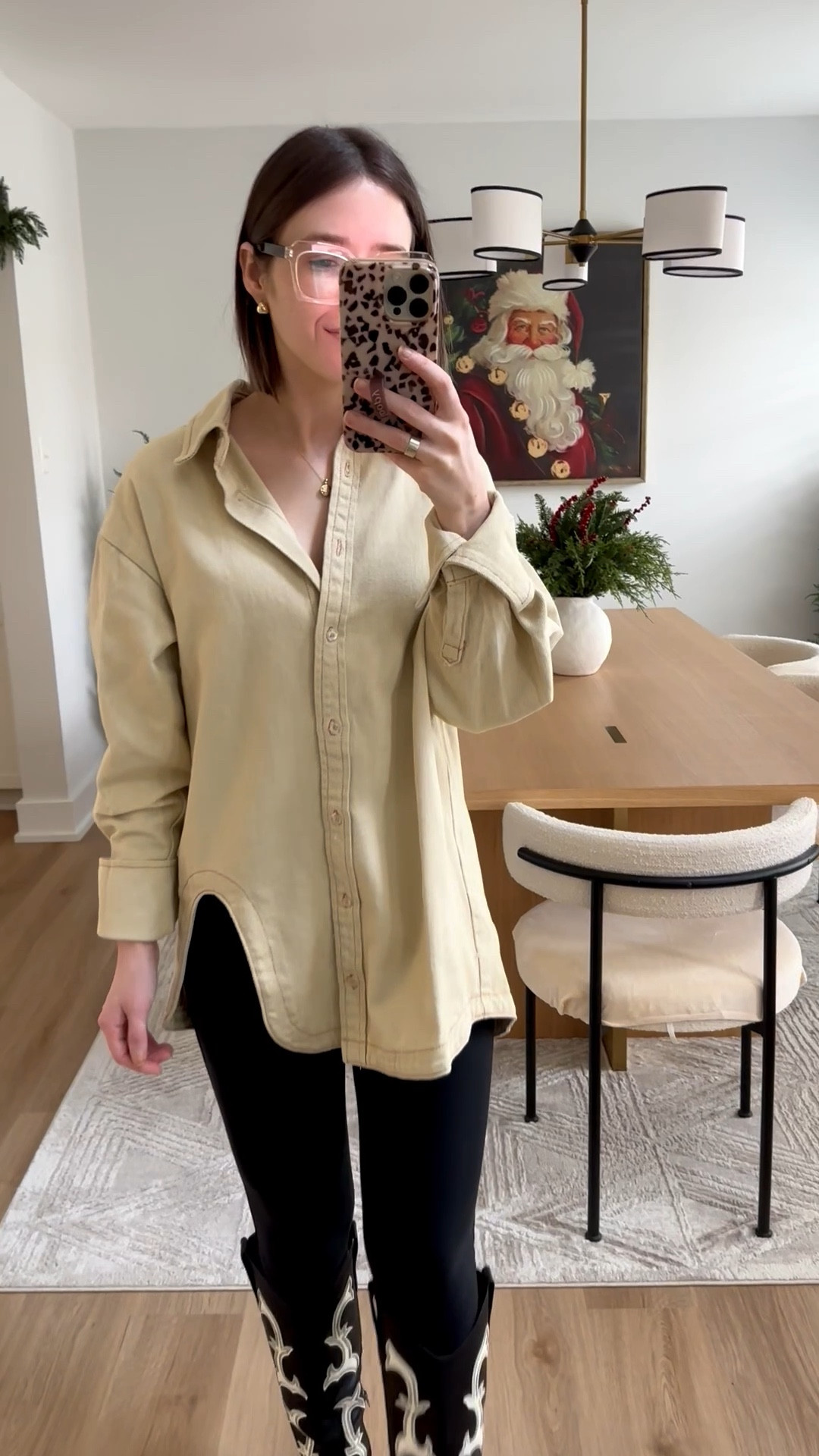 Shopbop Lioness Off Duty ecru denim shirt with cutout size xs tts - comes in multiple colors. This color is currently on major sale!

Spanx faux leather leggings size small tts but I prefer the petite length for less bunching on the ankles. I’m 5’3”

Dolce Vita Samare black and white cowboy boots 

Denim shirt, denim top, structureed denim top, dark denim, dark wash denim, cowboy boots, western boots, black cowboy boots

#LTKootd #LTKSaleAlert #LTKHoliday