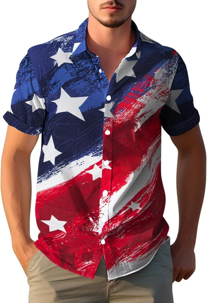Yoimira 4th of July Shirts for Men,Patriotic Grunge Concept USA Flag Button-Down Casual Short Sle... | Amazon (US)