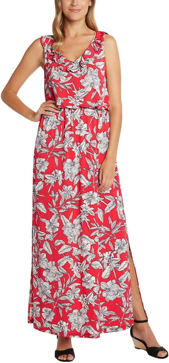 Matty M Ladies Sleeveless Side Slits Ruffle Front Maxi Dress (S, Coral) | Amazon (US)