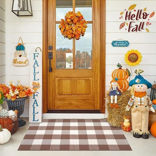 Fall Mocha and White Plaid Rugs, 28''x43'' Area Rug Outdoor Indoor Front Porch Doormat Cotton Han... | Amazon (US)