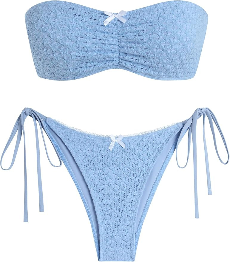 ZAFUL Bikini Sets for Women Strapless Ruched Bow Lace Trim Bandeau Swimsuit 2 Pieces Bathing Suit... | Amazon (US)
